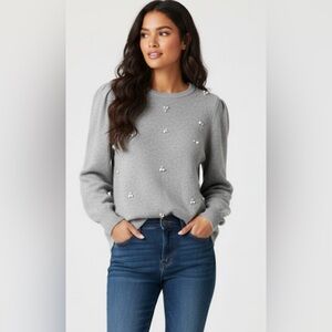 By Design Pearl-Embellished Gray Sweater (Size XL, Fits L/XL
